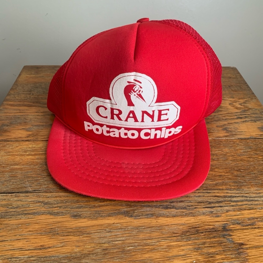 Vtg. Crane Potato Chips Red rope front Snapback Hat. Trucker hat